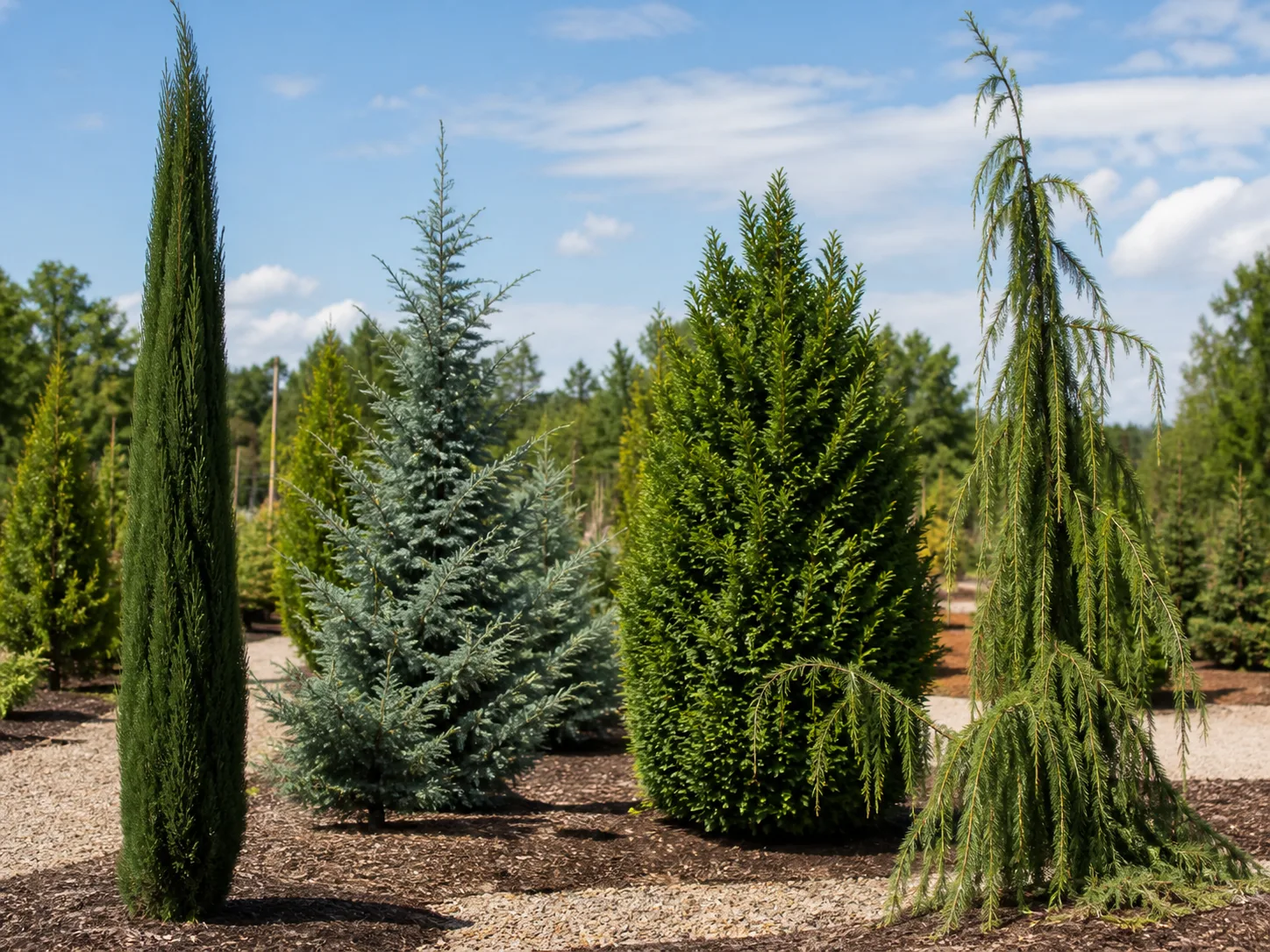 Different healthy cypress forms in an outdoor garden nursery display