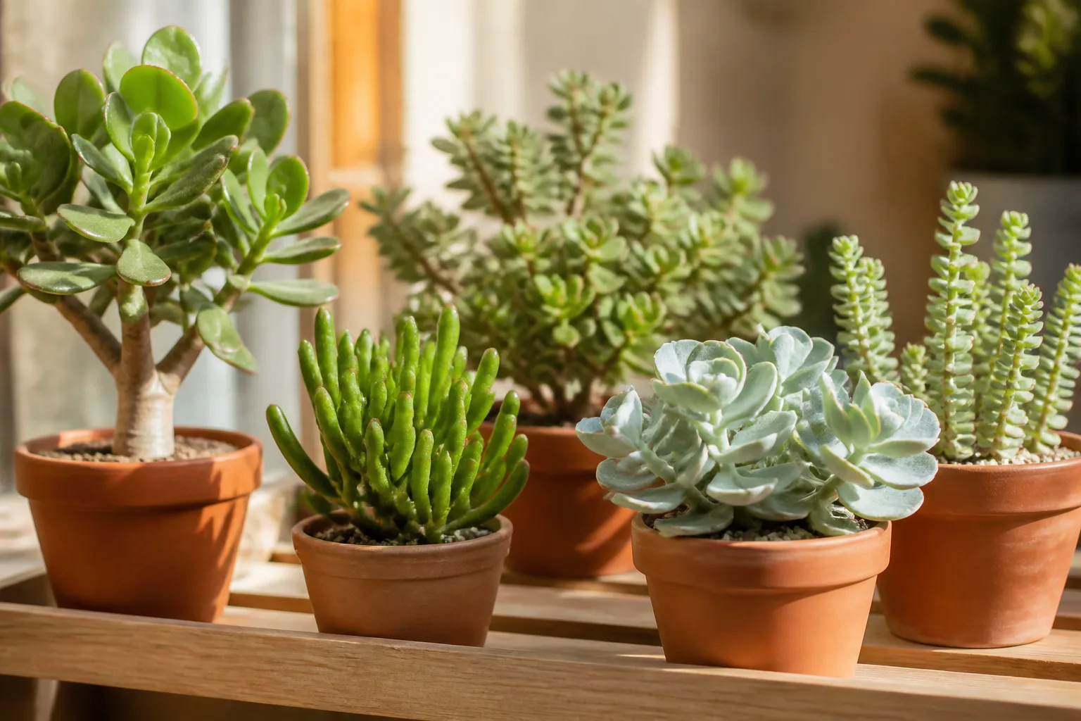 Curated collection of jade plant and Crassula varieties including oval-leaf, tubular, and stacked forms on a plant shelf