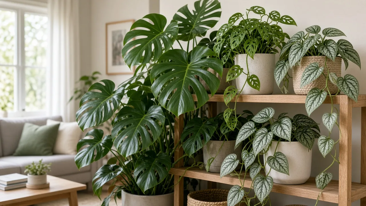 A healthy fenestrated Monstera leaf among tropical houseplants in bright indoor light