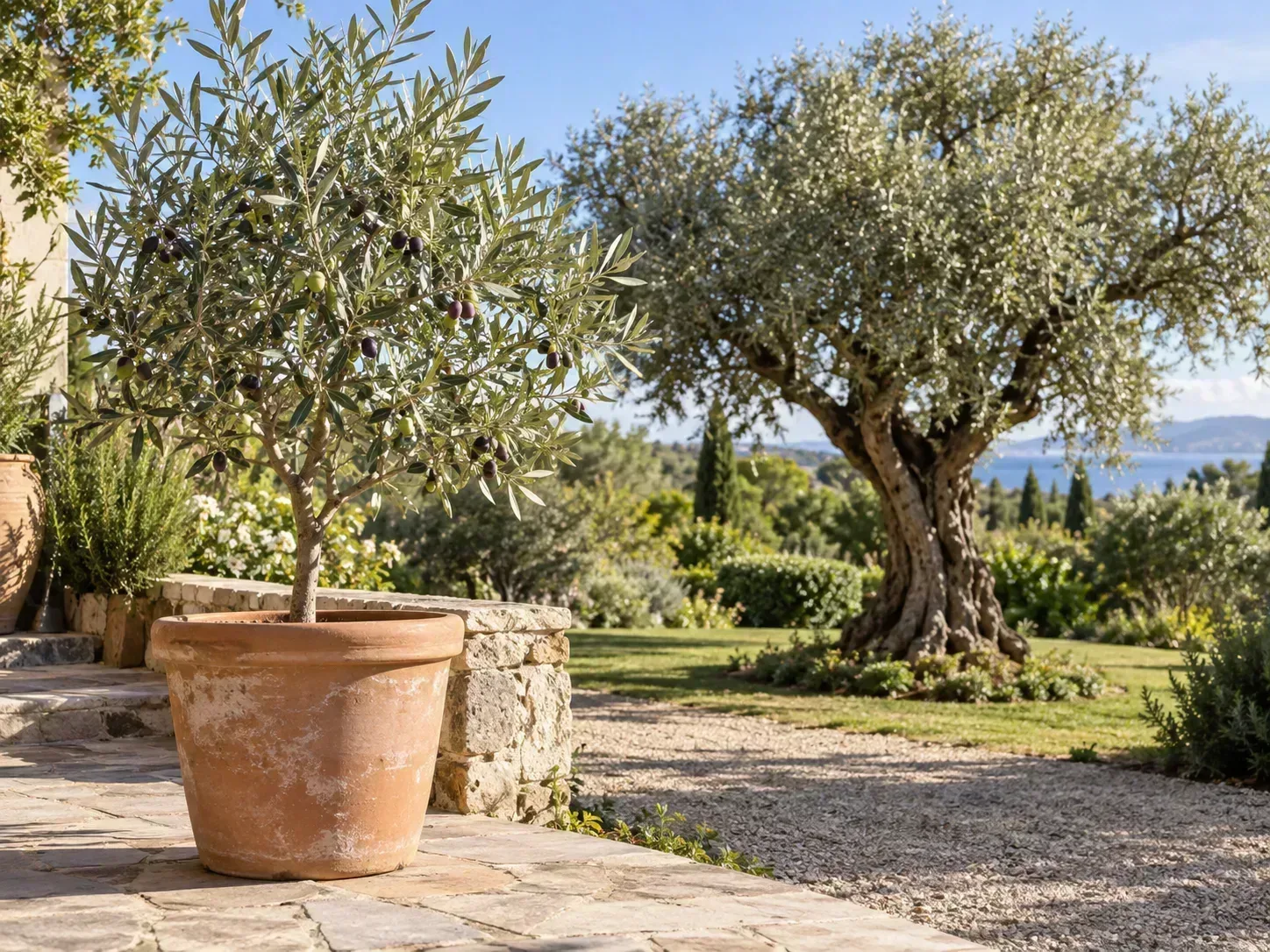 A potted olive tree on a patio beside a mature olive planted in the ground