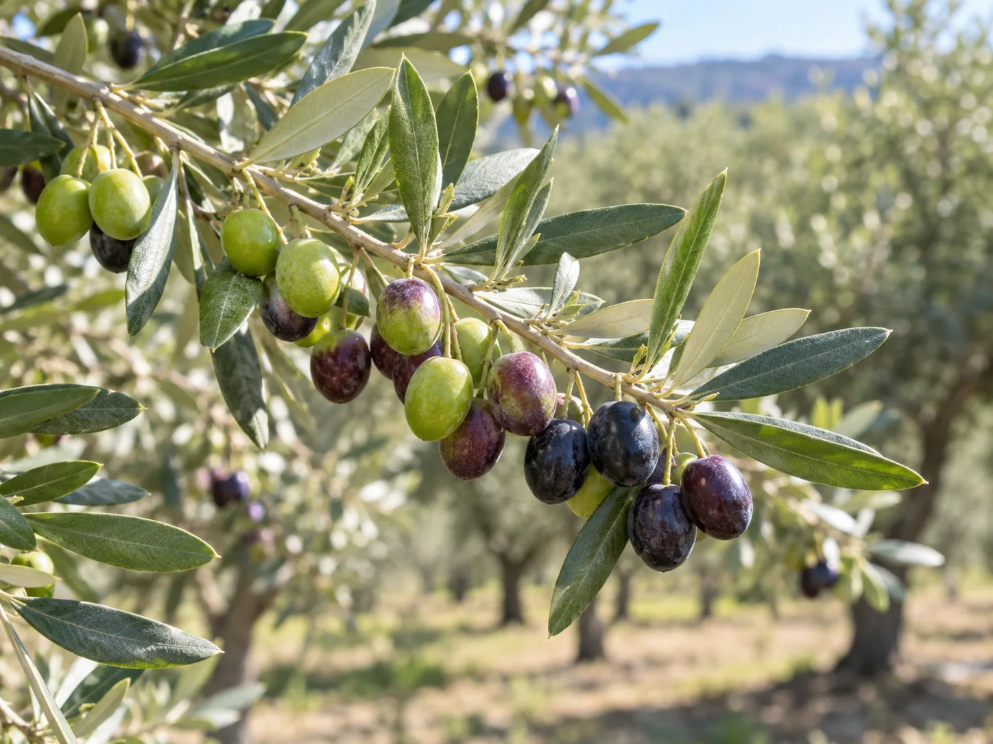 Olive drupes ripening from green through purple to dark on a leafy branch