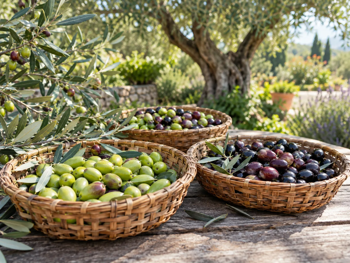 Baskets holding freshly harvested green and purple olives beside an olive tree