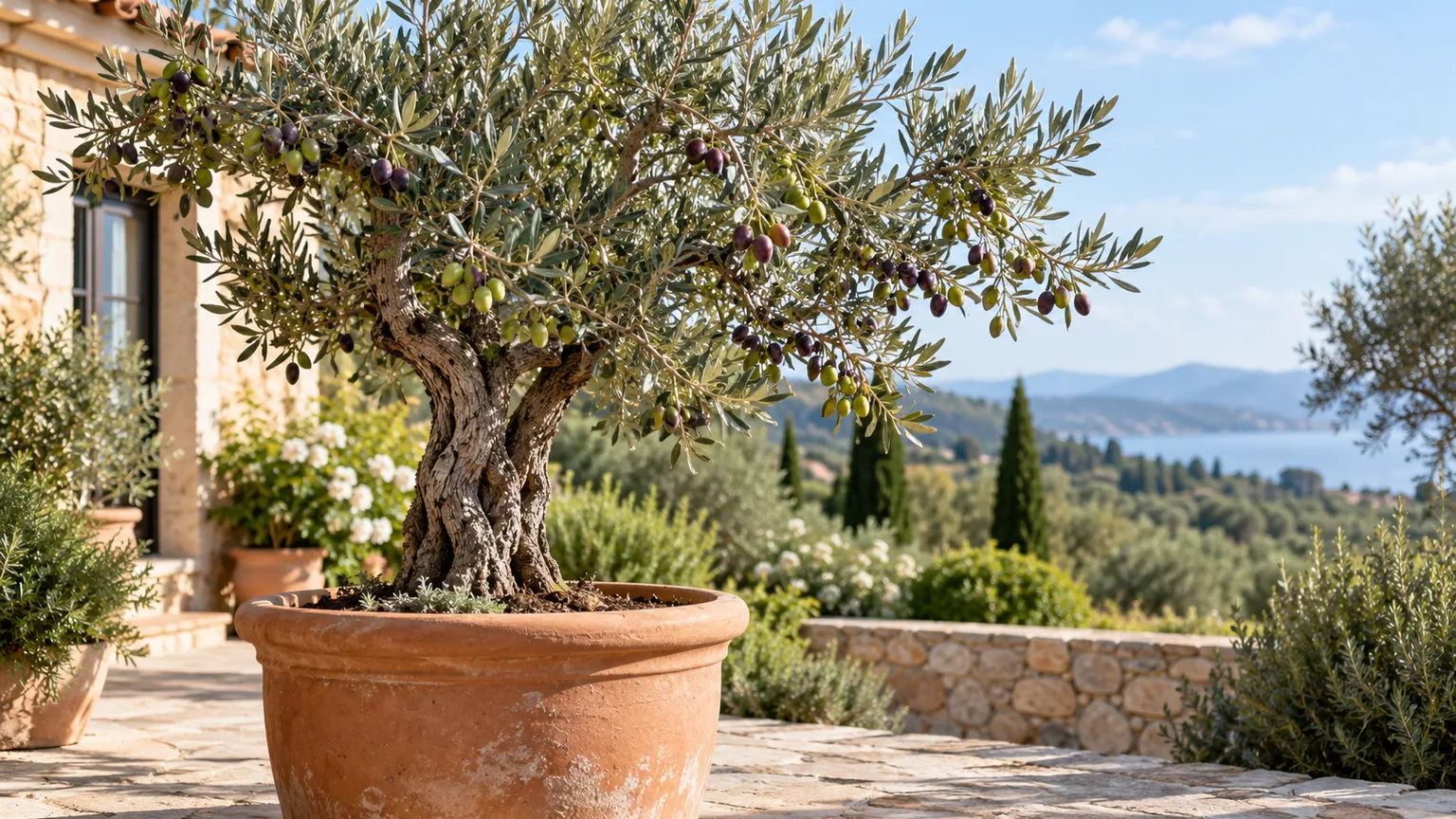 A fruiting olive tree with green and purple olives growing in a large terracotta pot on a sunny patio