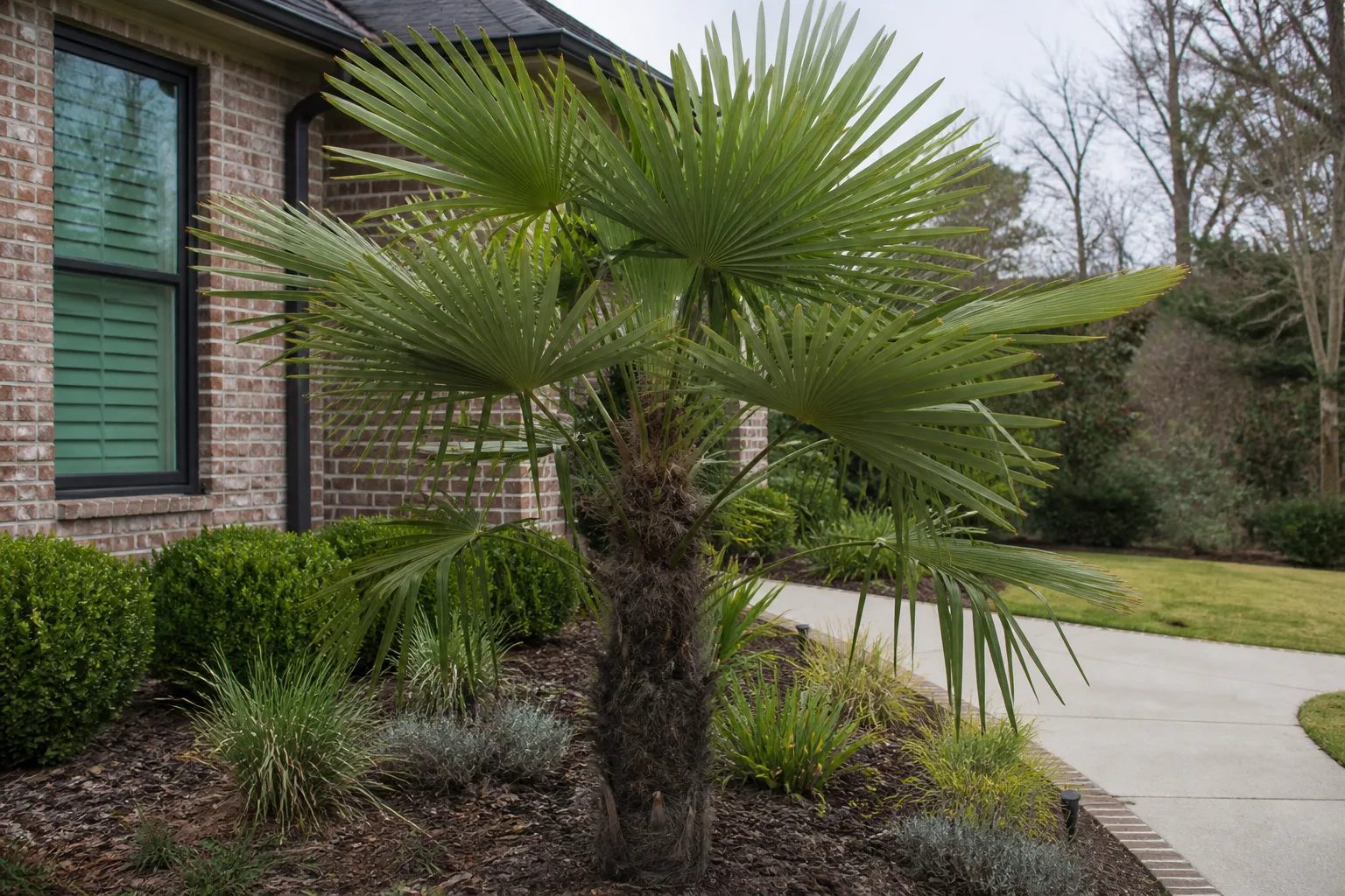 Windmill palm with fan-shaped fronds in a temperate suburban front yard