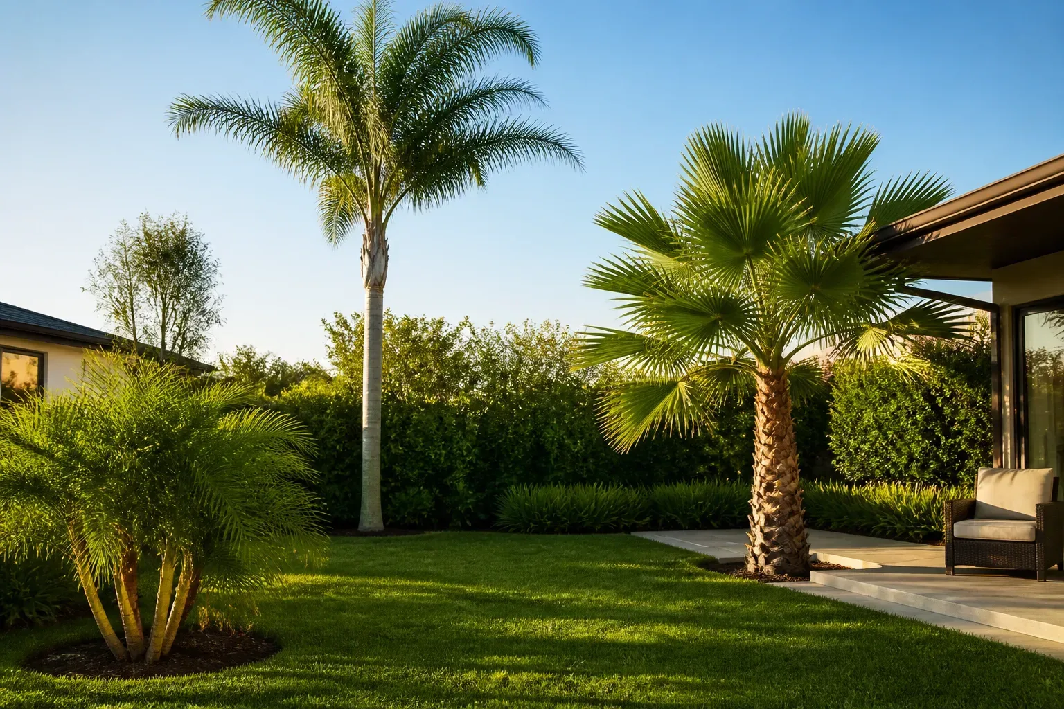 Mixed palm tree varieties in a warm backyard landscape with fan and feather fronds at different heights