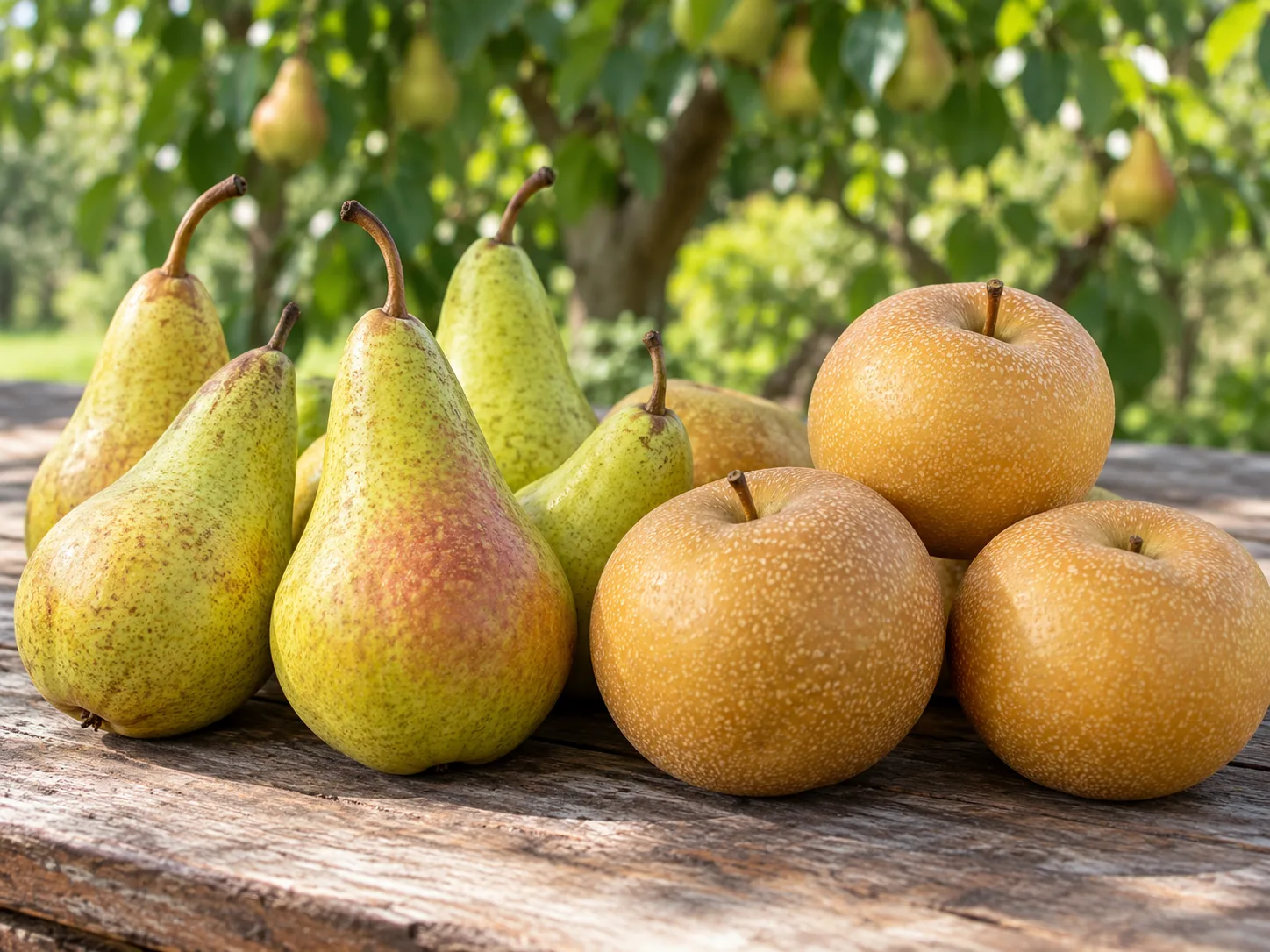 European pears and round Asian pears show the difference in shape and texture among pear types.