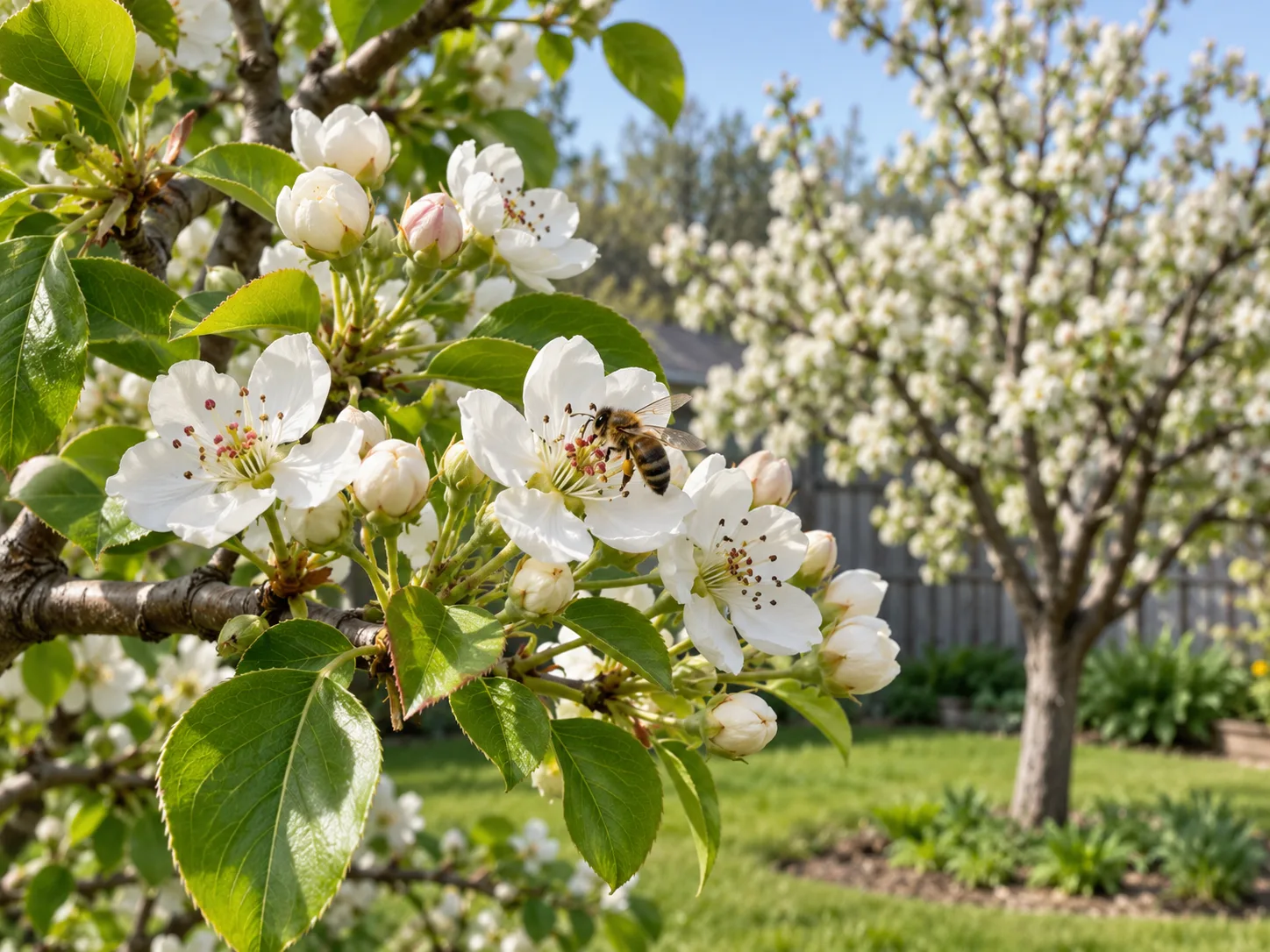 A bee visits spring pear blossoms while a second pear tree blooms in the background.