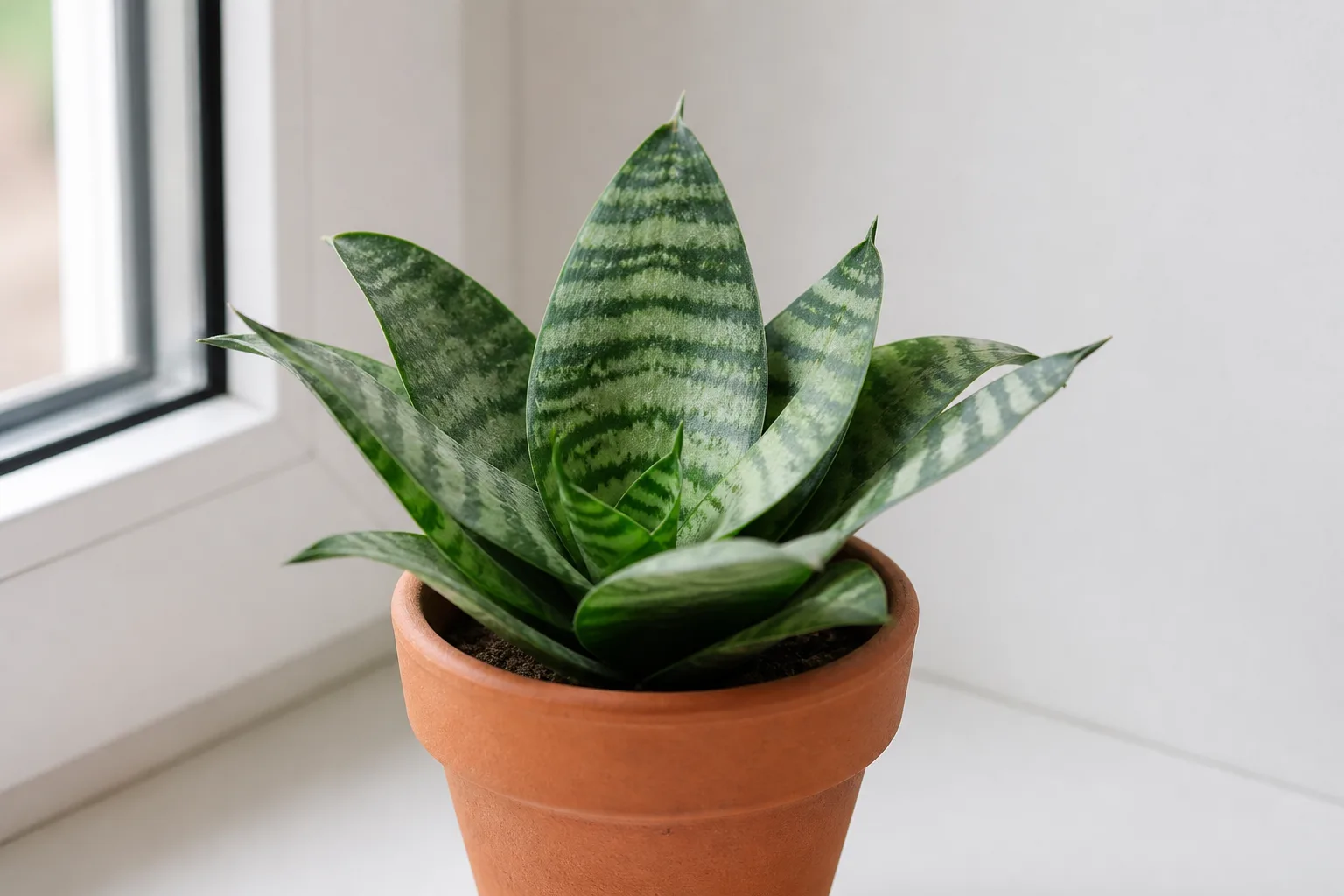 Bird's nest snake plant Hahnii rosette with banded flat leaves in a small terracotta pot