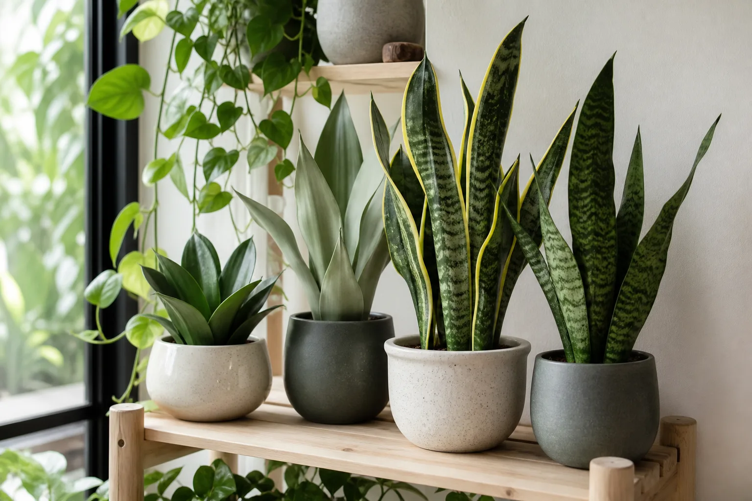 Curated collection of snake plant varieties including variegated Laurentii, silvery Moonshine, and bird's nest rosette on a plant shelf