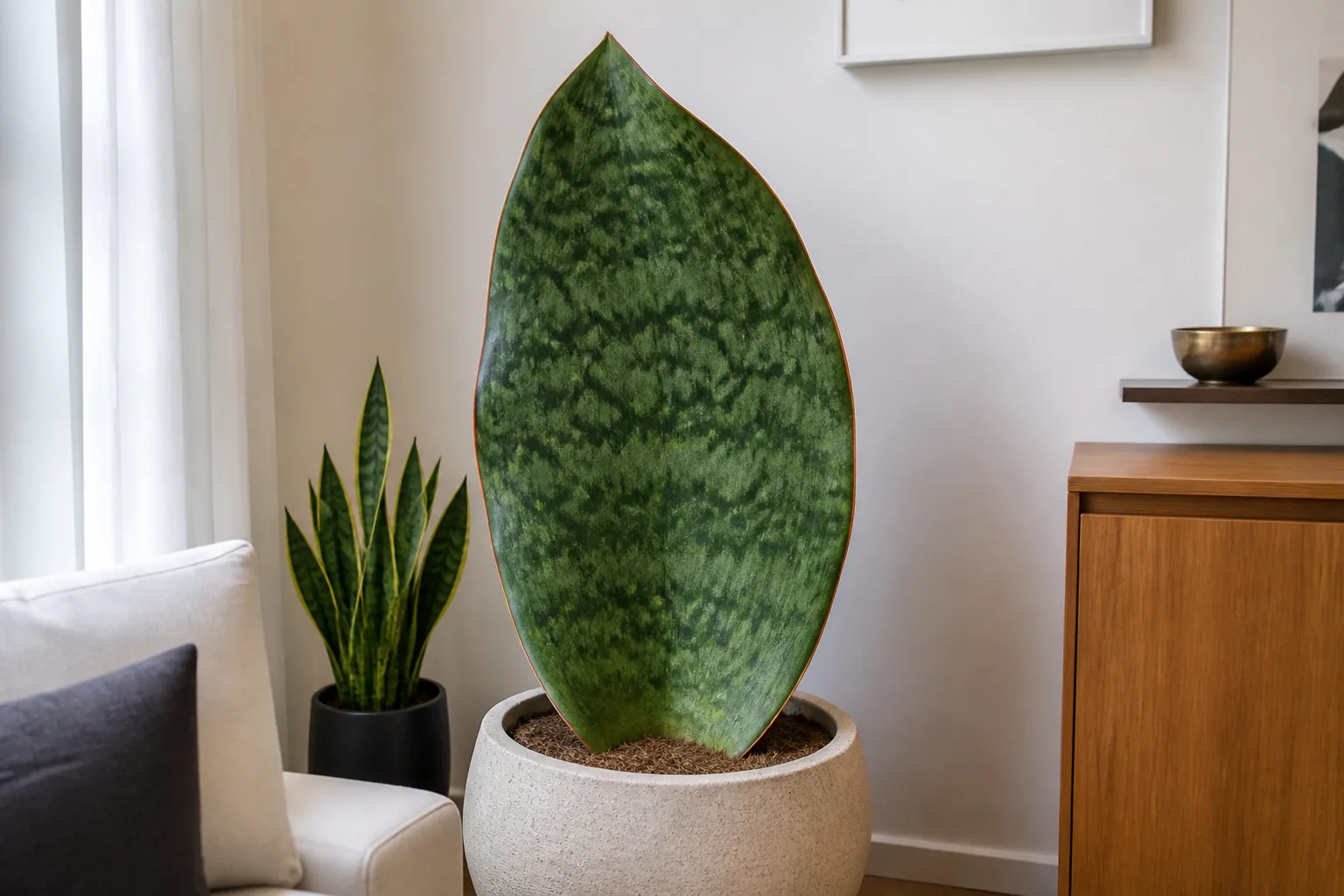Whale fin snake plant with unusually wide paddle-shaped mottled green leaves in a floor pot