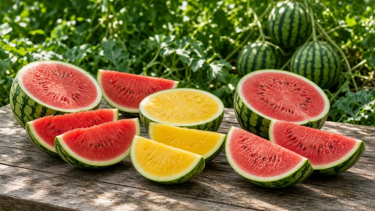 Striped watermelons ripening on healthy vines in a sunny garden bed