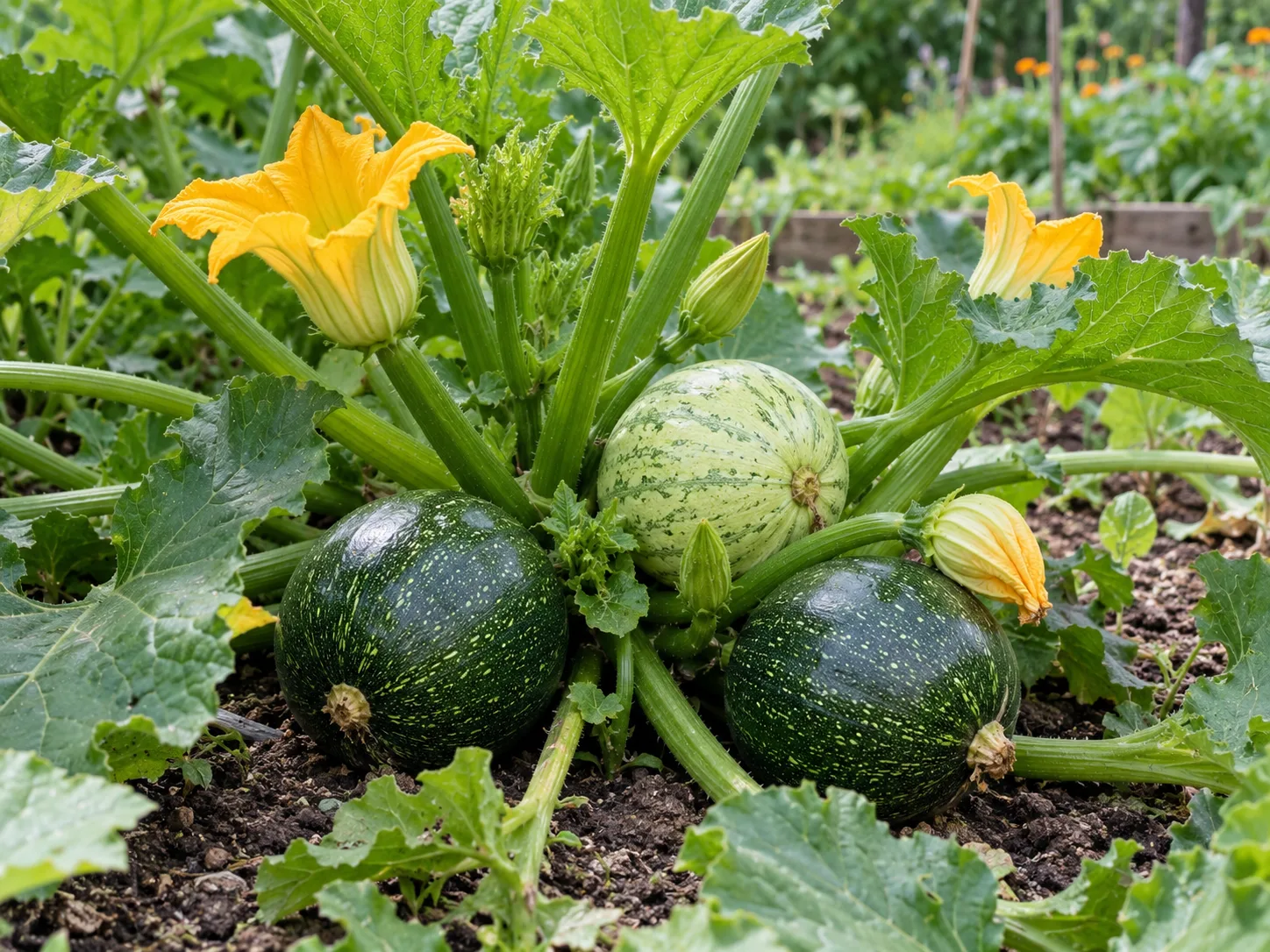 Round zucchini fruits growing at the base of a leafy squash plant
