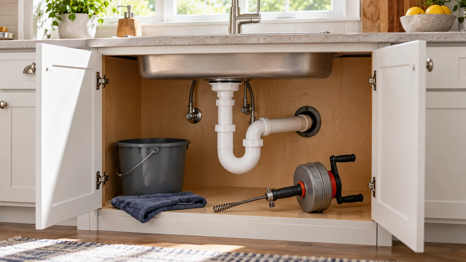 Open kitchen sink cabinet with its P-trap, a bucket, and a manual drain auger