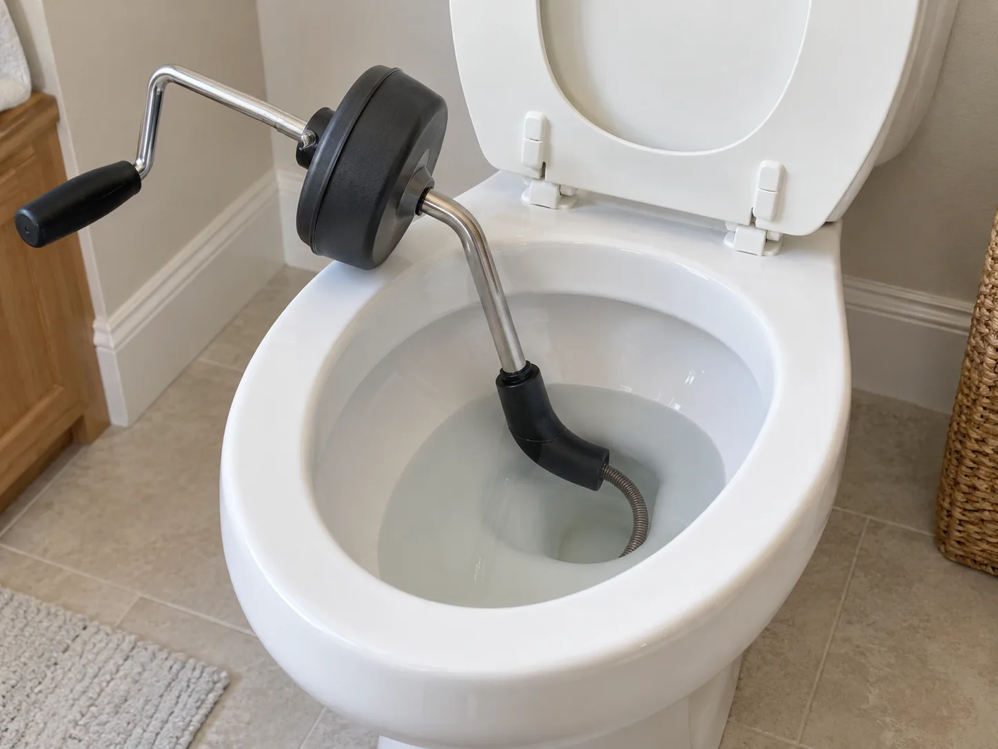 A manual closet auger with its protective guide seated against the toilet bowl