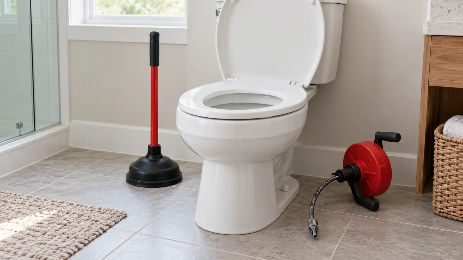 Toilet with a flange plunger and a manual closet auger ready for unclogging