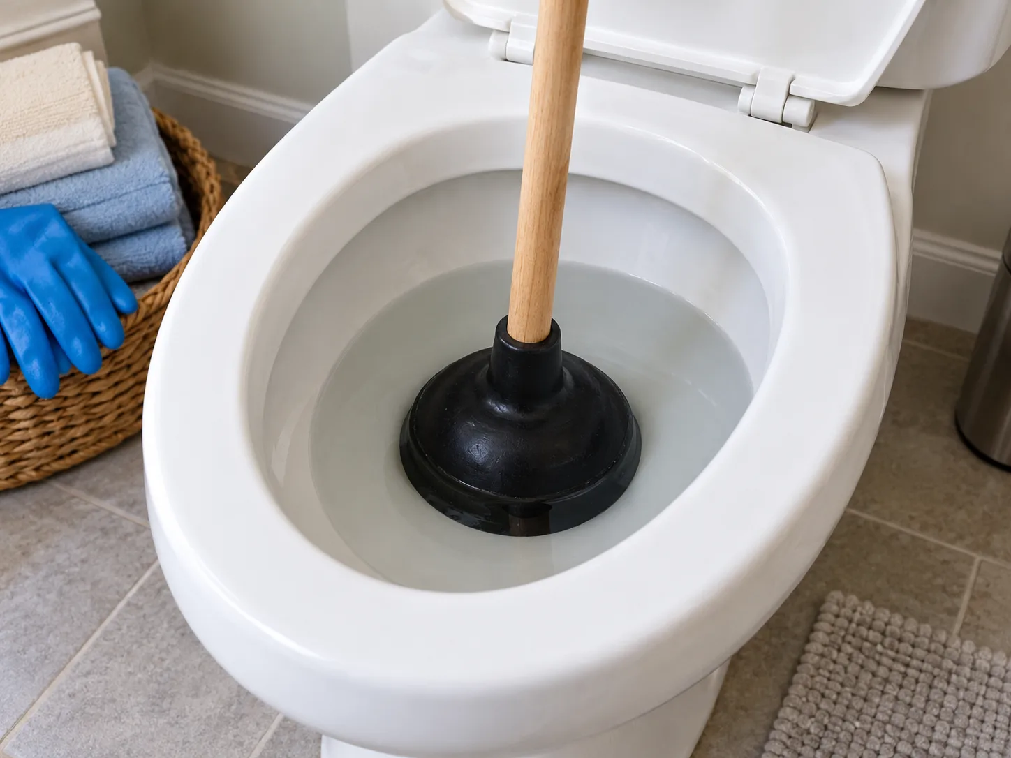 A toilet plunger sealed over the outlet of a toilet bowl