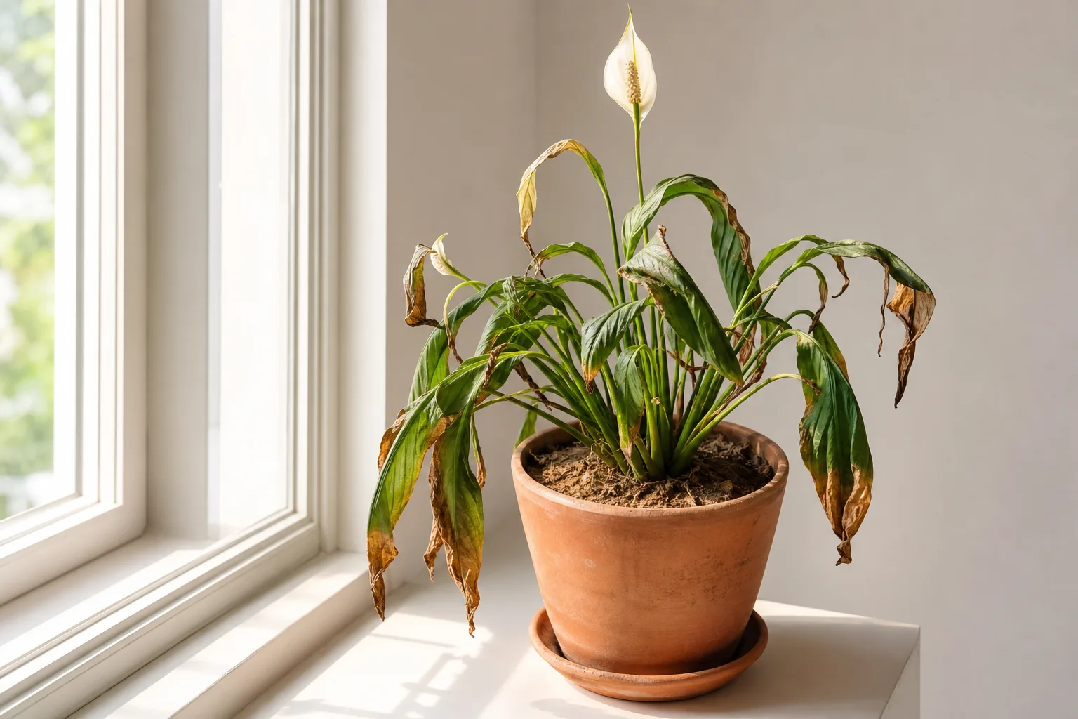 Dry wilted houseplant with crispy leaves ready for rehydration and recovery