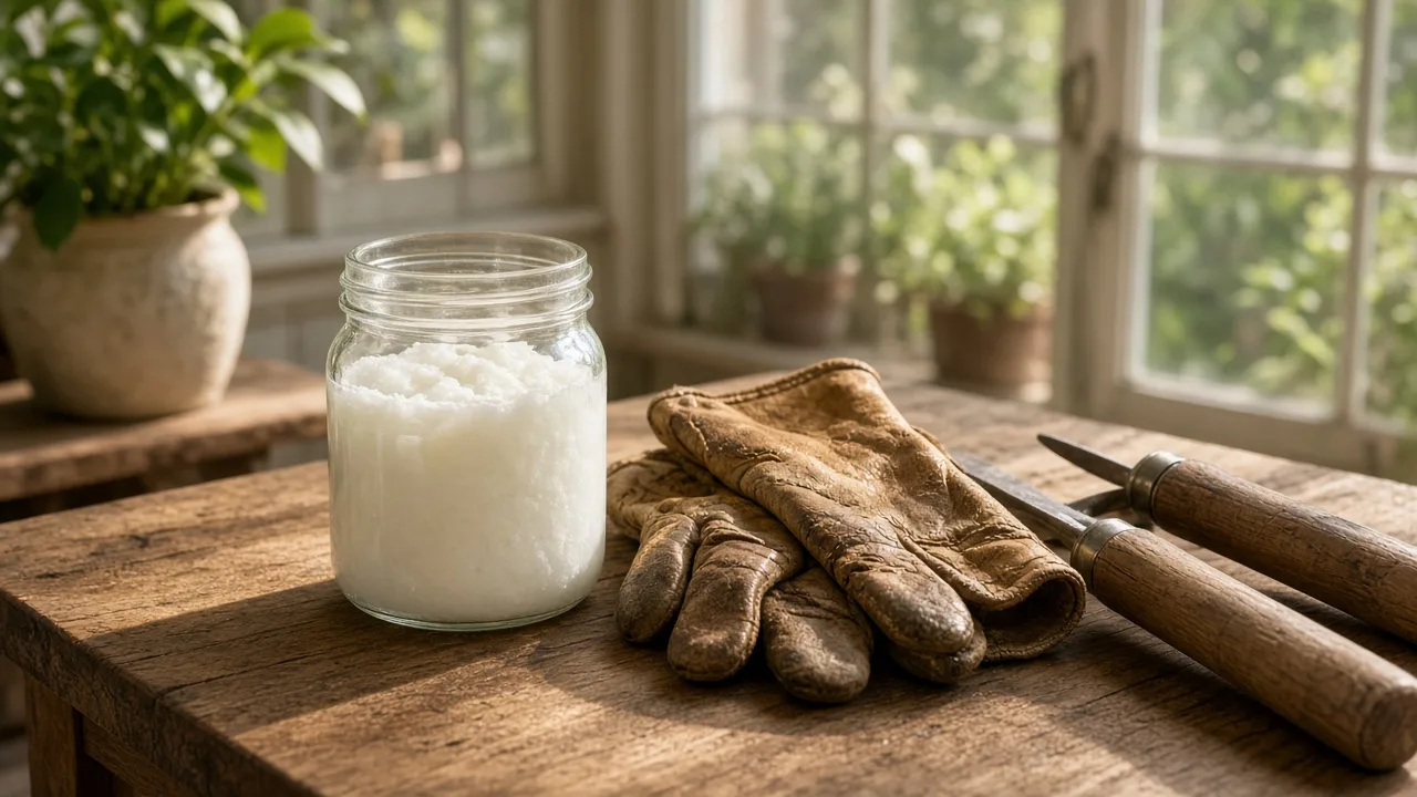 Coconut oil beside a cast-iron skillet and wooden cutting board on a kitchen counter
