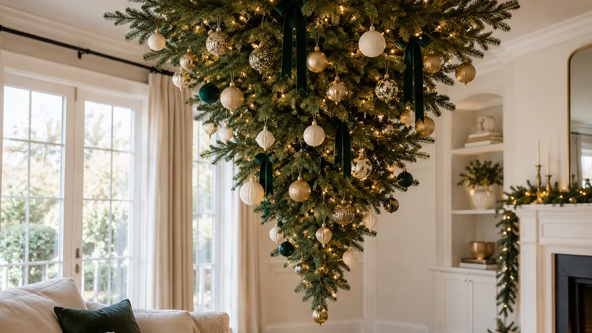 Lightweight ornaments and warm lights spaced along the taper of an upside-down Christmas tree