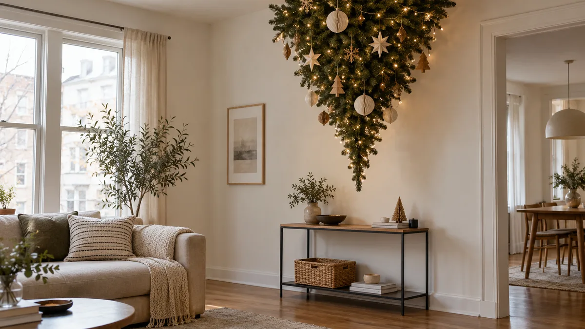 A compact upside-down Christmas tree placed above a console in a small living room with an open walking route