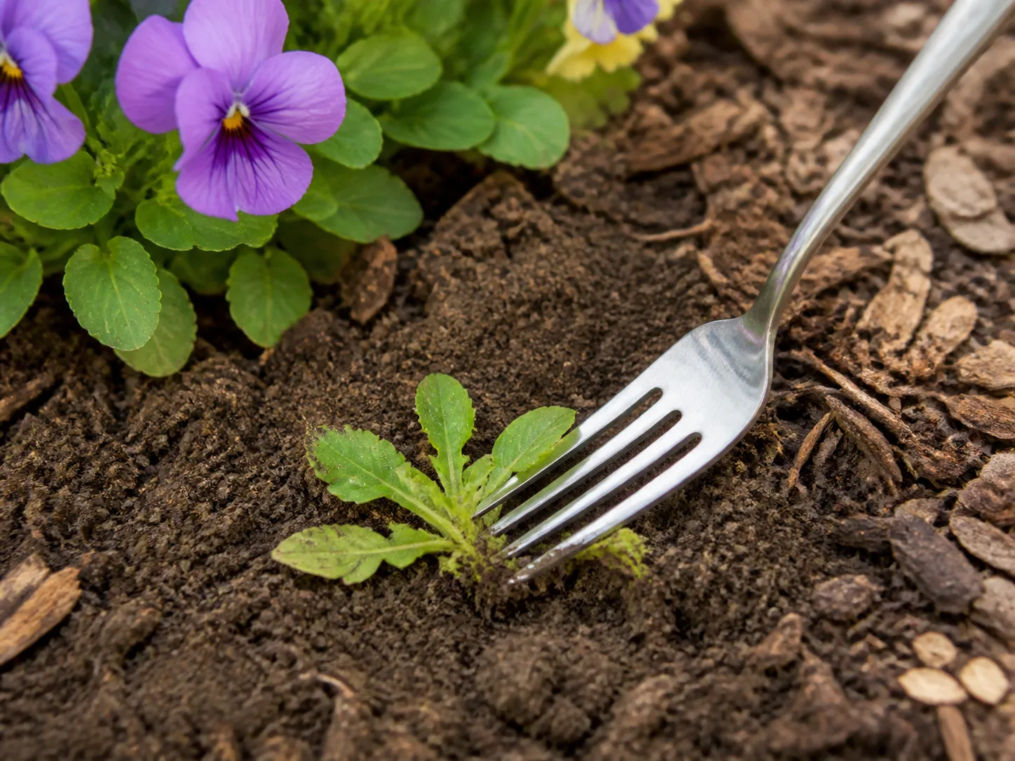 A kitchen fork loosening soil beside a small weed in a flower bed
