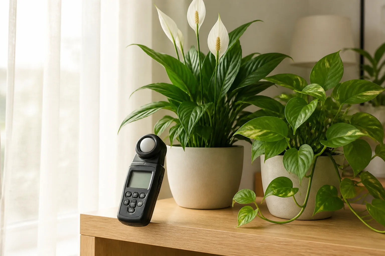 Digital illuminance light meter on a shelf beside houseplants near a bright filtered window