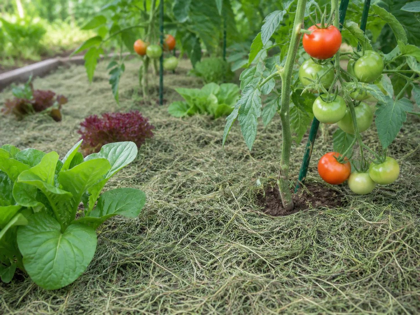 A mulched vegetable bed with grass clippings covering the soil around tomato plants