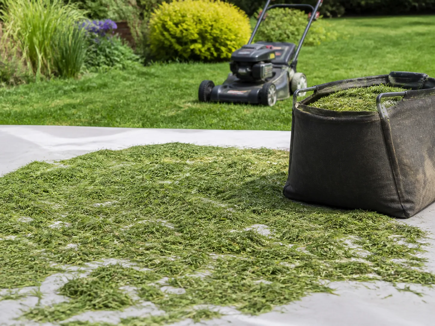 Fresh grass clippings spread thinly to dry beside a mower and collection bag