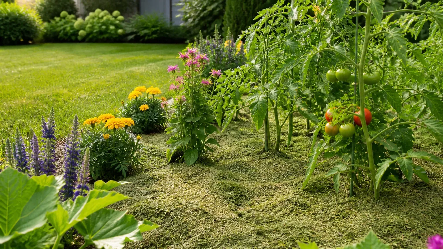 Thin grass-clipping mulch spread around tomatoes and flowers in an outdoor garden bed
