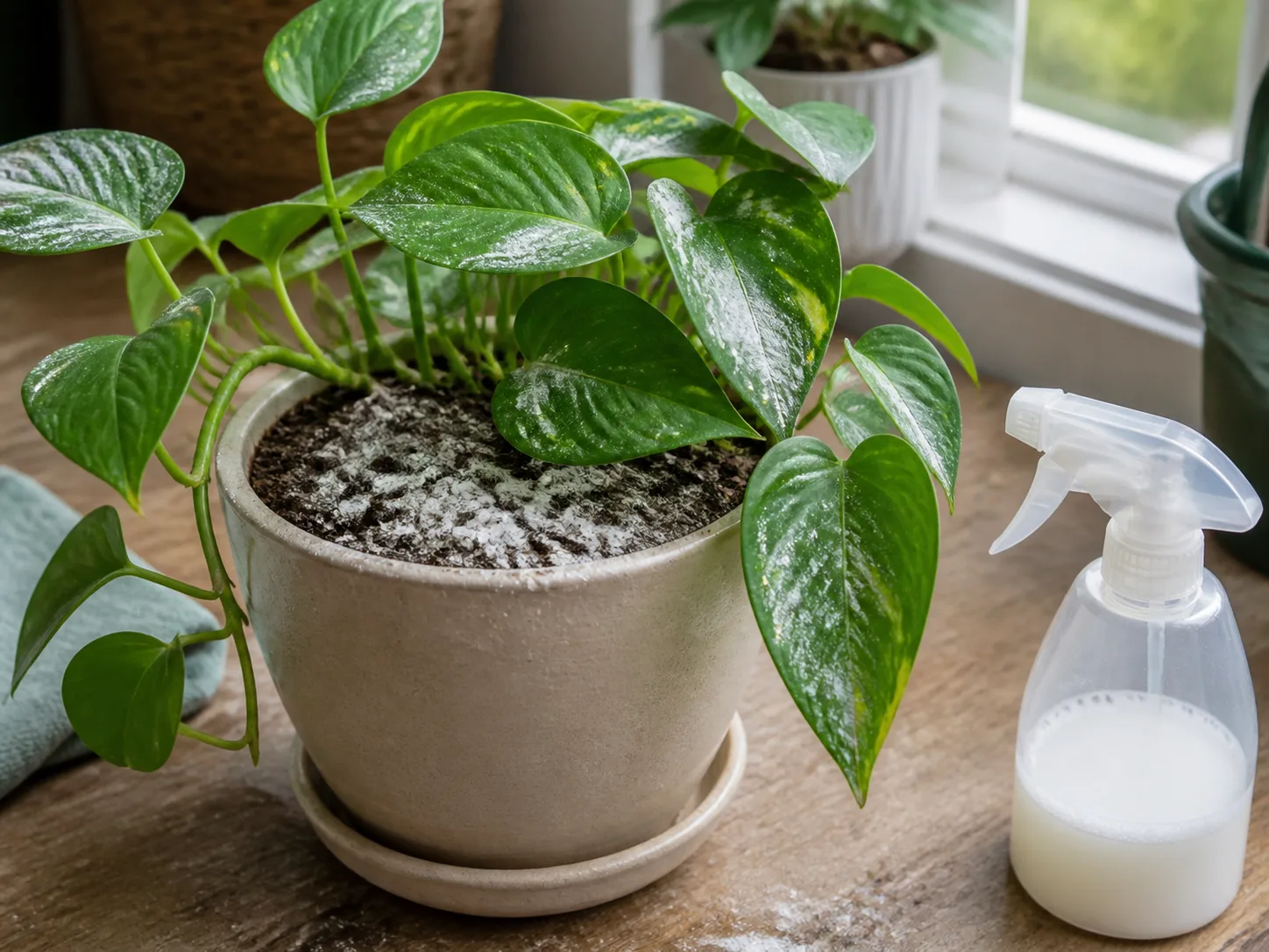 Milk residue and surface film on a potted houseplant after an overapplied spray