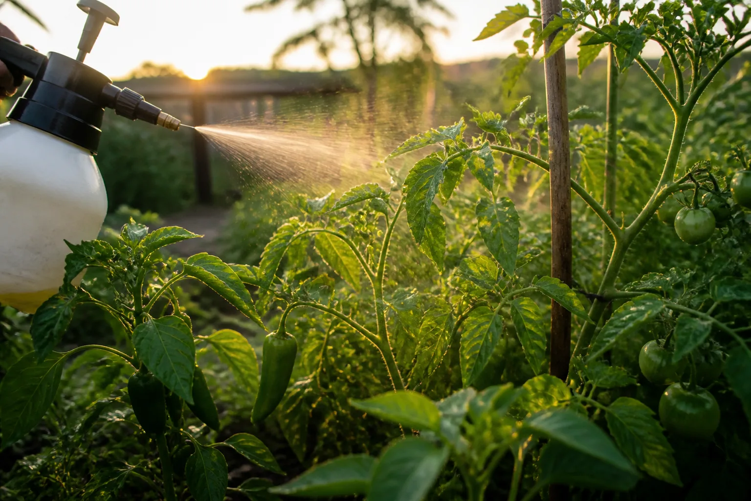 Garden sprayer applying a natural pest treatment to tomato and pepper plants in a vegetable garden