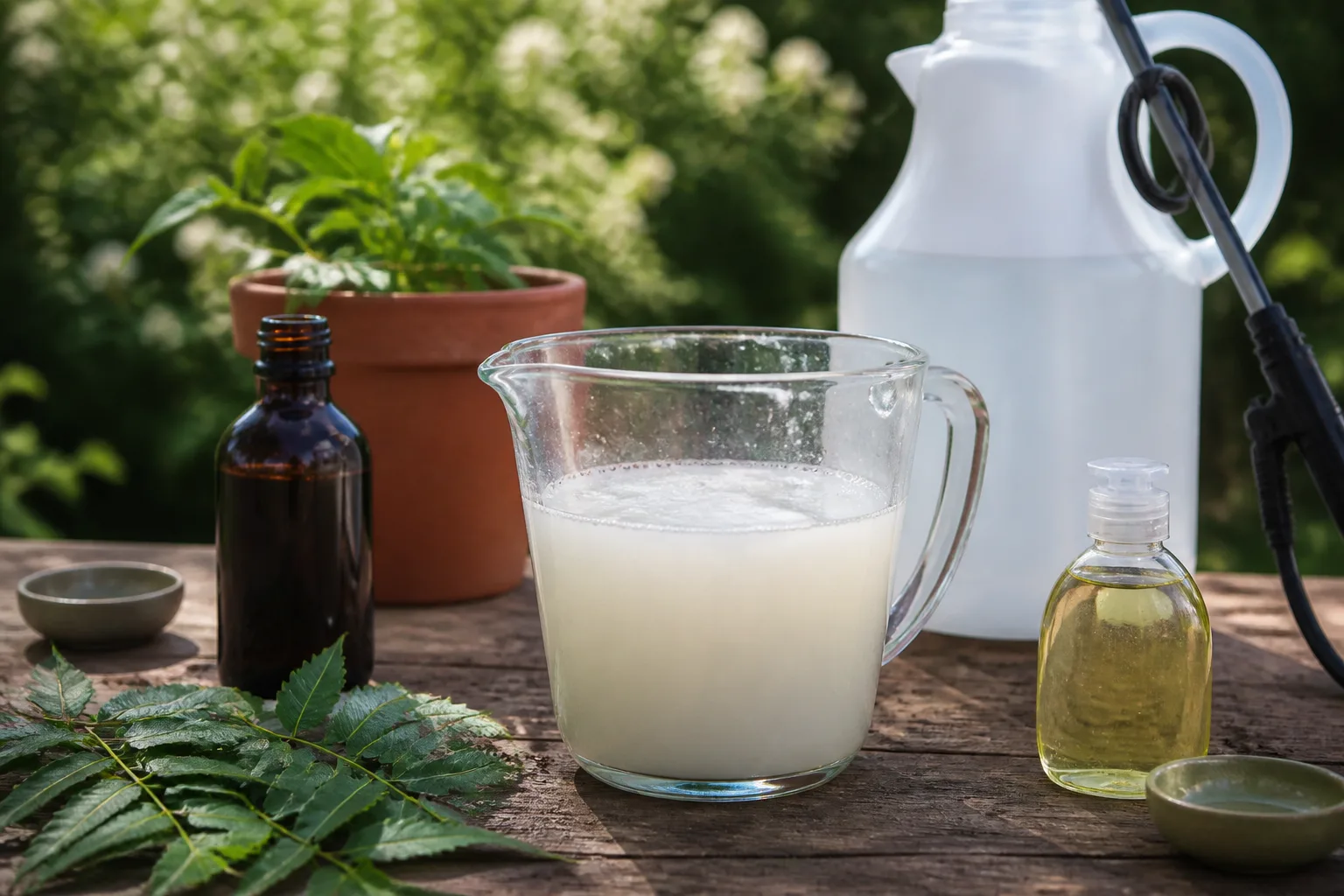 Milky neem oil emulsion mixed with dish soap and water beside a gallon sprayer on an outdoor potting bench