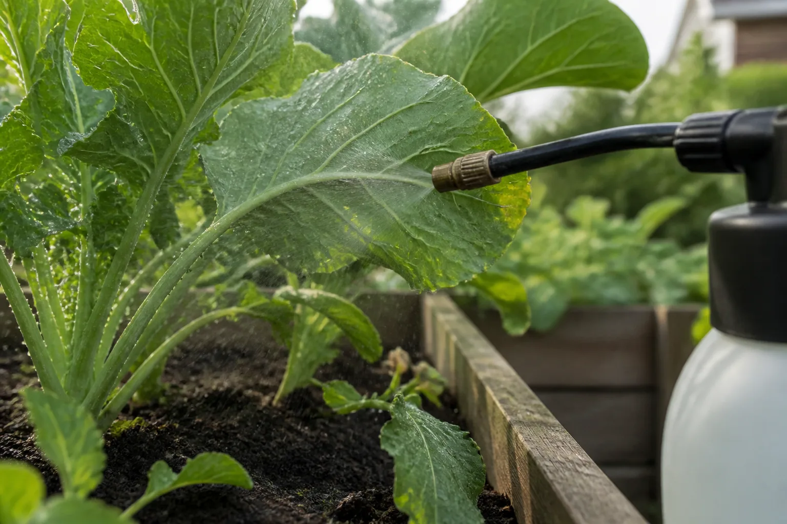 Garden spray bottle applying insecticidal soap to the underside of vegetable plant leaves in early morning light