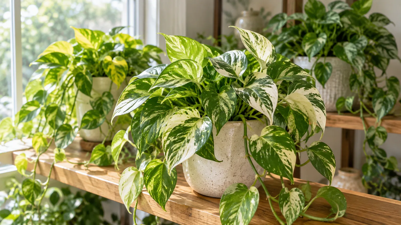 Healthy variegated pothos collection with cream, white, yellow, and green leaves in a bright indoor plant corner