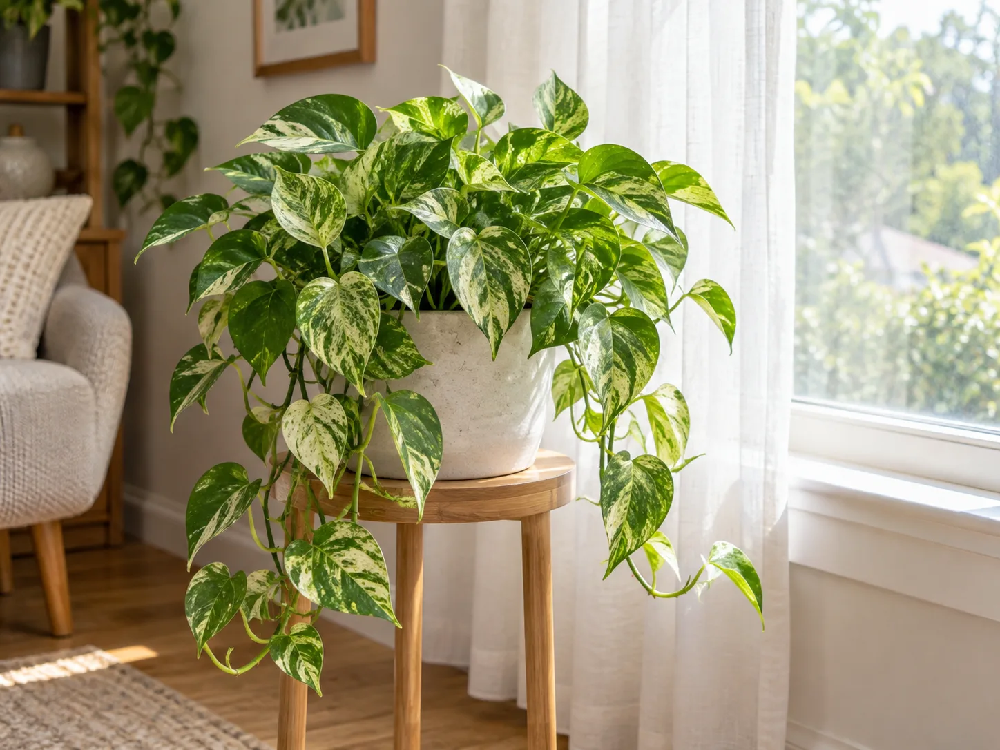 Variegated pothos receiving bright filtered light beside an east-facing window