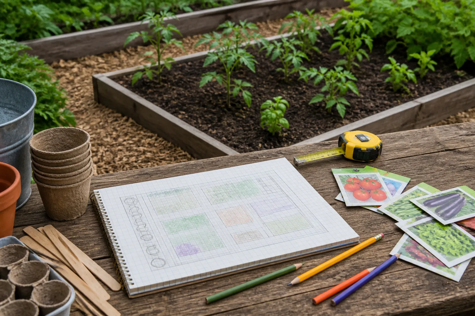 Garden planning materials with measuring tape and spaced crop blocks in a raised bed