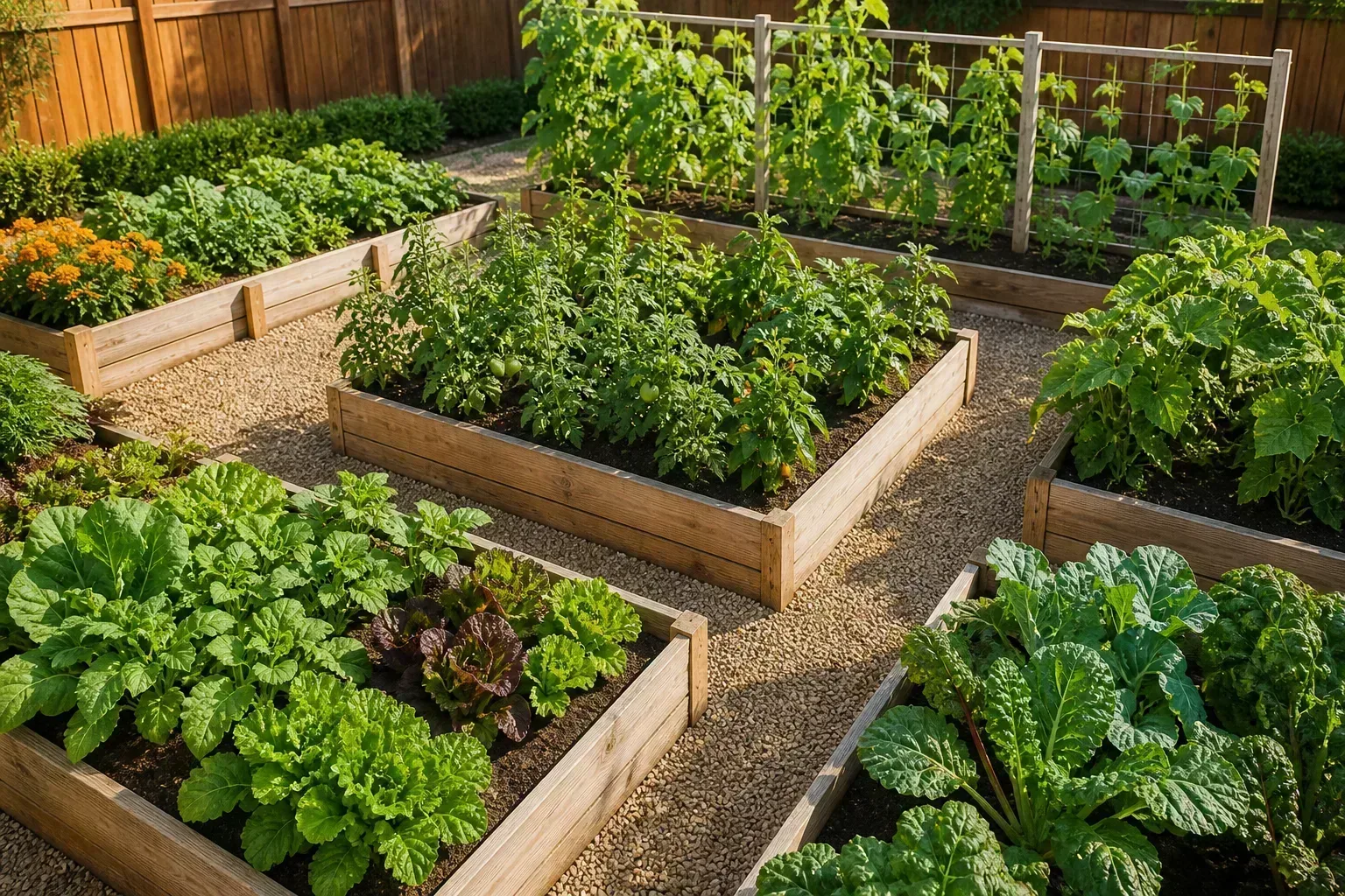 Organized backyard vegetable garden with raised beds, clear paths, and mixed crops