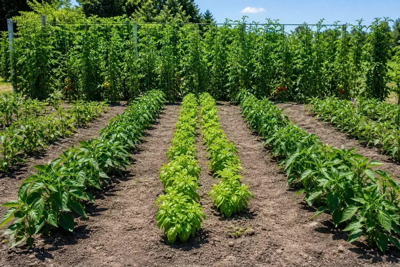 Vegetable garden with north-south rows and tall trellised crops on the north edge