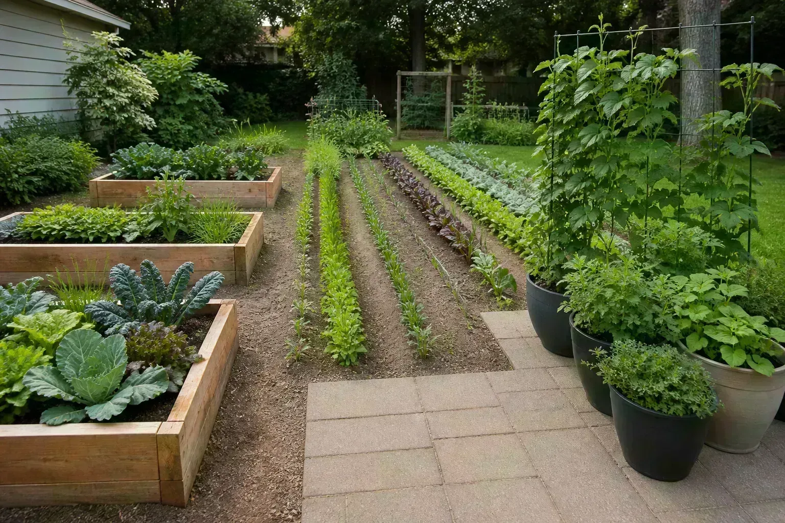 Backyard showing raised beds, row garden, and container vegetable layouts side by side