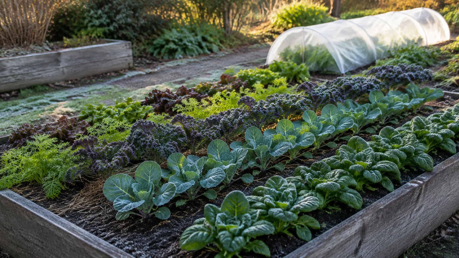Raised vegetable bed planted with cool-season crops under light frost and low tunnels for an early spring harvest
