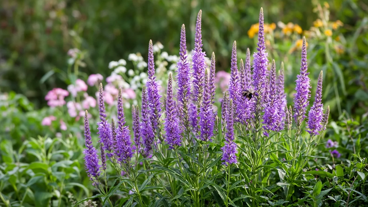 Blue-purple Veronica spicata flower spikes blooming in a mixed garden border