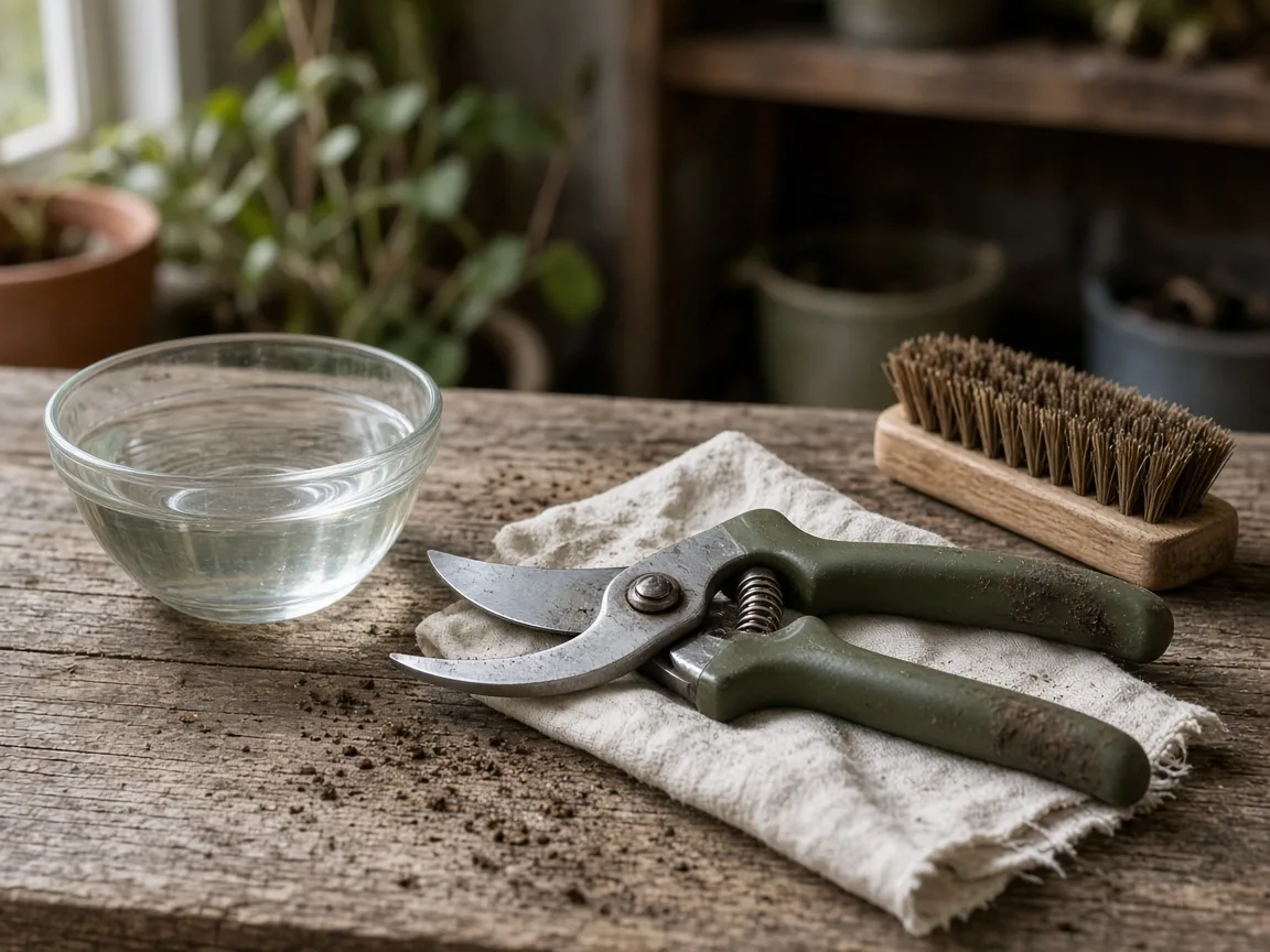 Rusty pruning shears being cleaned with a brush and cloth beside a bowl of cleaning solution