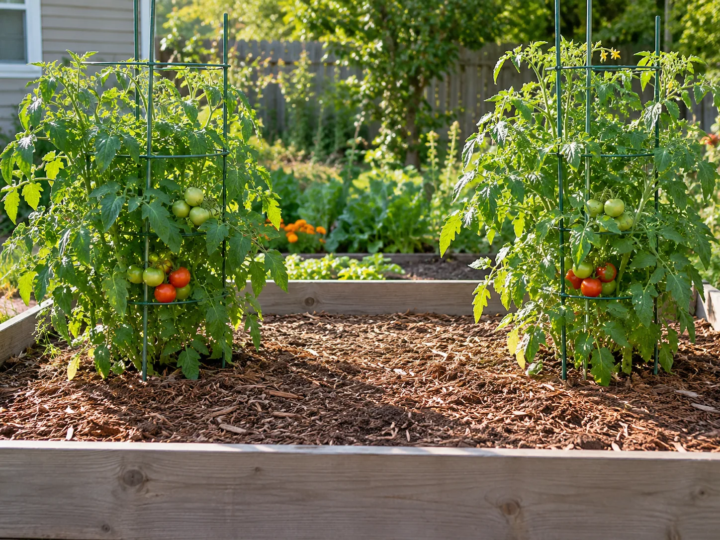 Two tomato plants with open space between their supports show room for access and airflow in a garden bed.