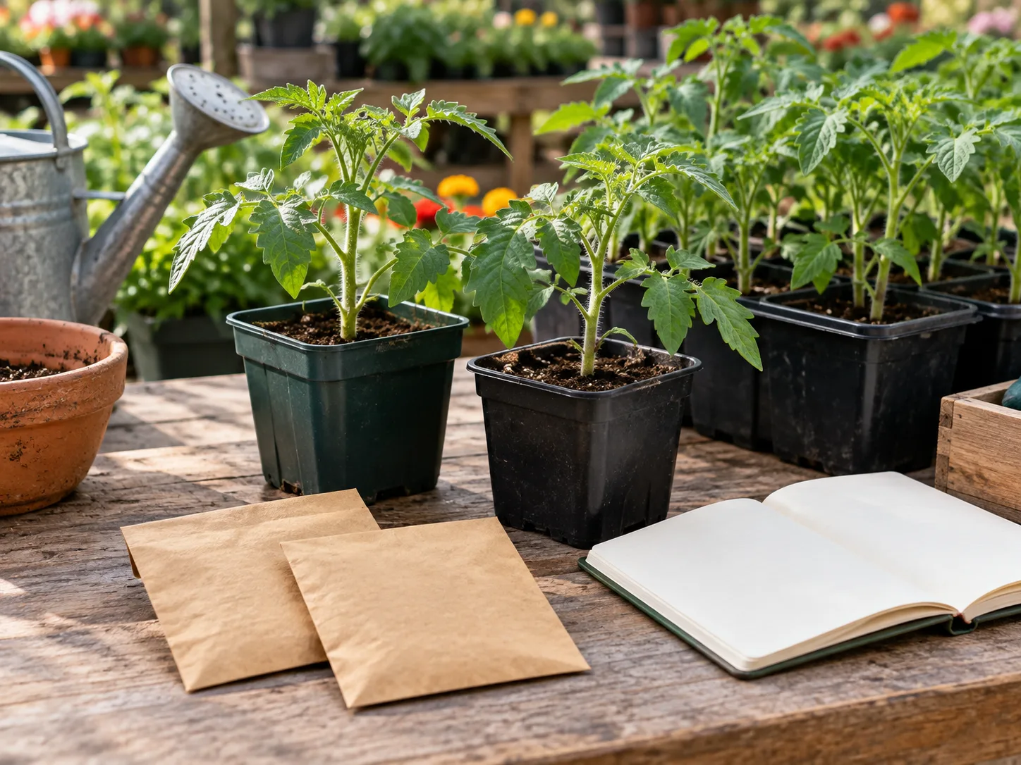 Blank seed envelopes, an open notebook, and tomato seedlings represent checking cultivar details before buying.