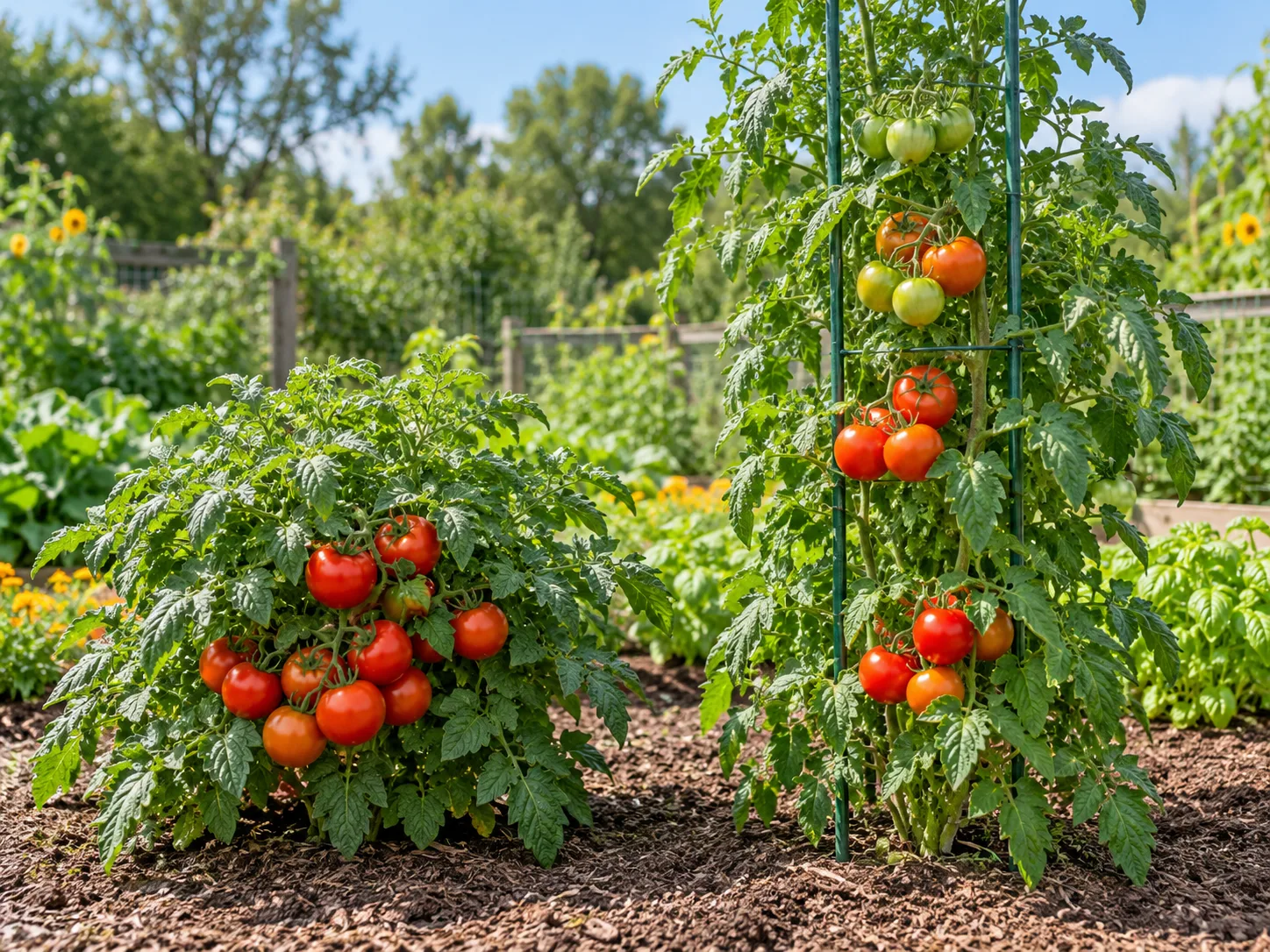 A compact bush tomato carries a concentrated crop beside a taller vine bearing fruit at several ripening stages.