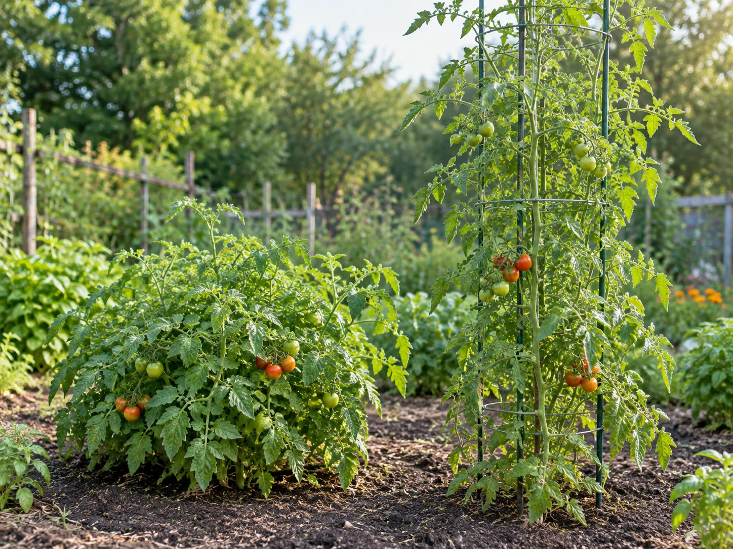 A compact branching tomato plant beside a taller, extending tomato vine shows the difference in growth habit.