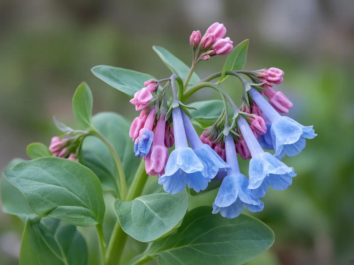 Pink buds opening into sky-blue Virginia bluebell flowers in spring