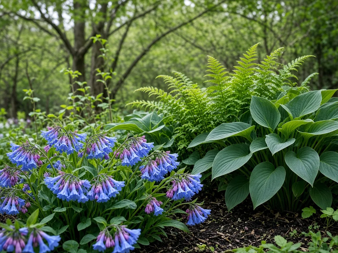Virginia bluebells blooming with hosta and fern companions in a shade garden