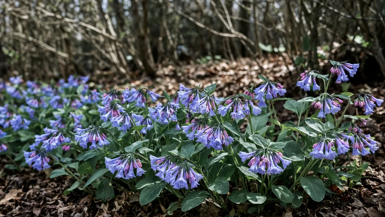 Virginia bluebells in full spring bloom with nodding blue flowers and purple-tinged foliage in a moist woodland garden bed