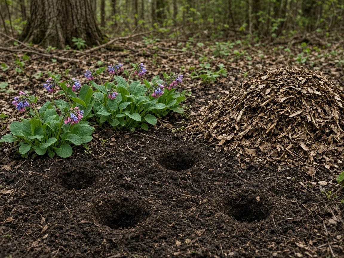 Virginia bluebells ready to plant in a moist shady woodland bed in early spring